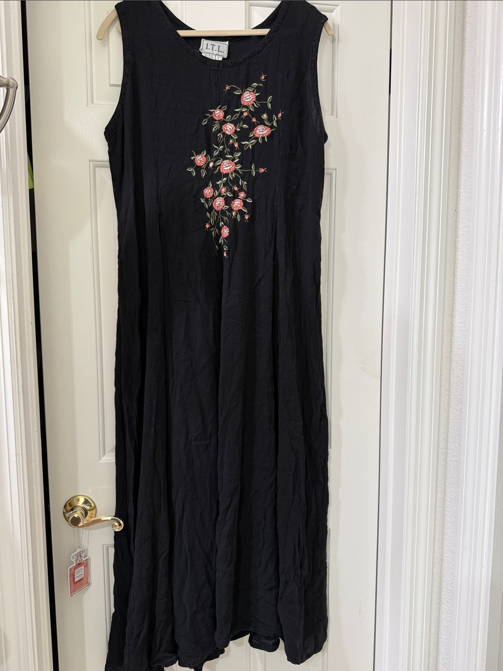 I.T.L. Black Sleeveless Maxi Dress with Peach Rose Embroidery Panel - Large